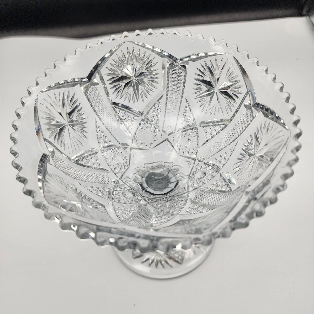 Vintage Clear Pressed Glass Pedestal Compote Candy Dish Sawtooth Starburst 6 1/2 - Picture 8 of 12